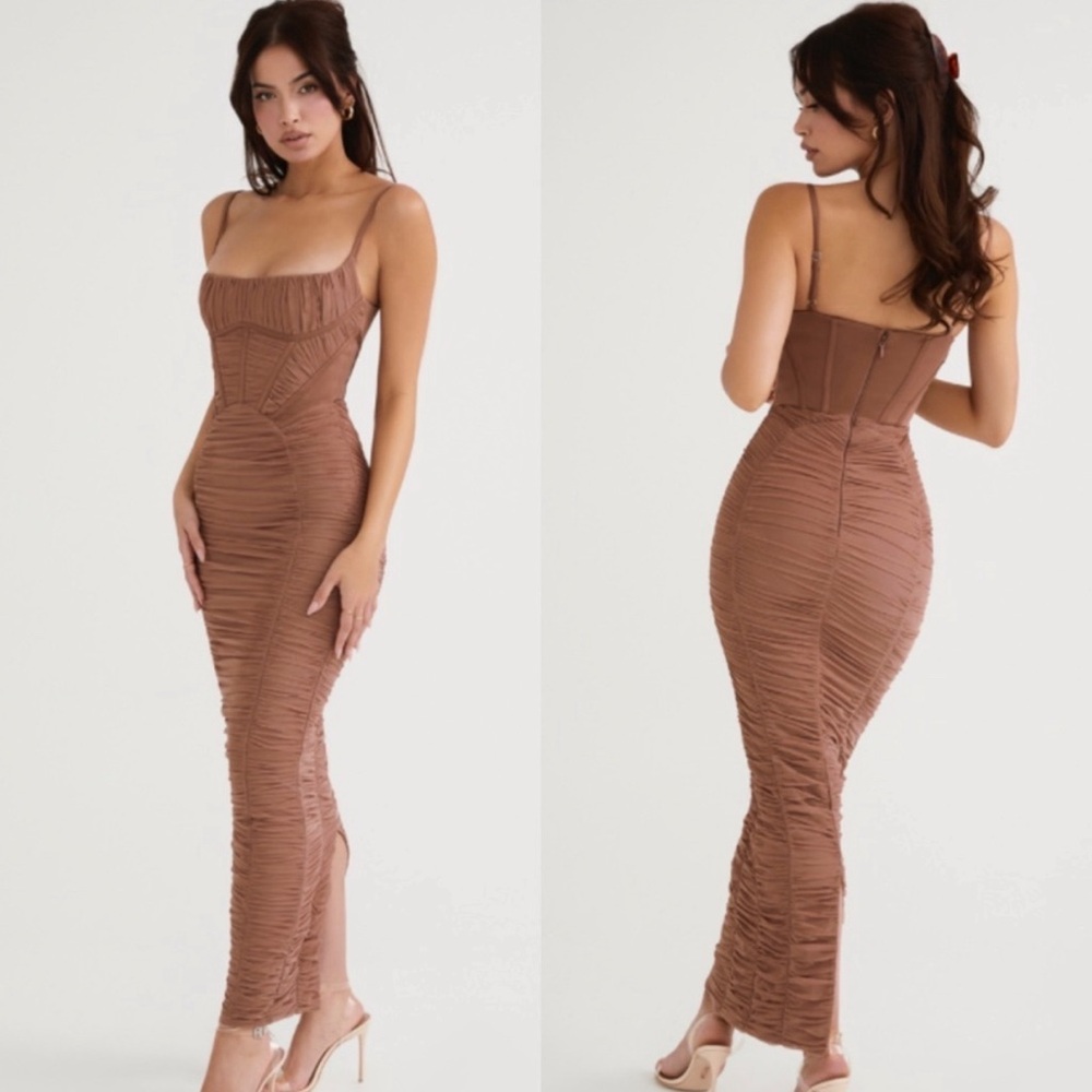 HOUSE OF CB Lilian Mocha Corset Maxi Dress size XS